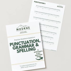 Peut inclure: Deux feuilles de travail blanches avec des exercices de ponctuation et un livret intitulé «PONCTUATION, GRAMMAIRE & ORTHOGRAPHE». Le livret a du texte vert et indique «15 FEUILLES DE TRAVAIL ET PLUS DE 100 QUESTIONS À L'INTÉRIEUR !». La marque «MOURNE TRANSFER TUITION» est visible.