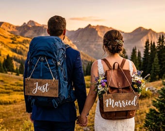Just Married-rugzakbord voor schakingsbruiloft, wandelen bruiloft fotorekwisiet, avontuur decor bruid en bruidegom