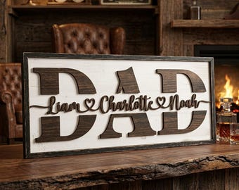 Aangepast houten bord DAD met kindernamen, cadeau voor vader, Vaderdag man Cave Decor, neonreclame DAD op maat,