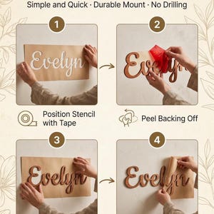 May include: An instructional graphic titled HOW TO INSTALL WOODEN SIGNS showing four steps. It demonstrates positioning a paper stencil with the name Evelyn, peeling the red adhesive backing, applying the wooden letters, and removing the paper template.