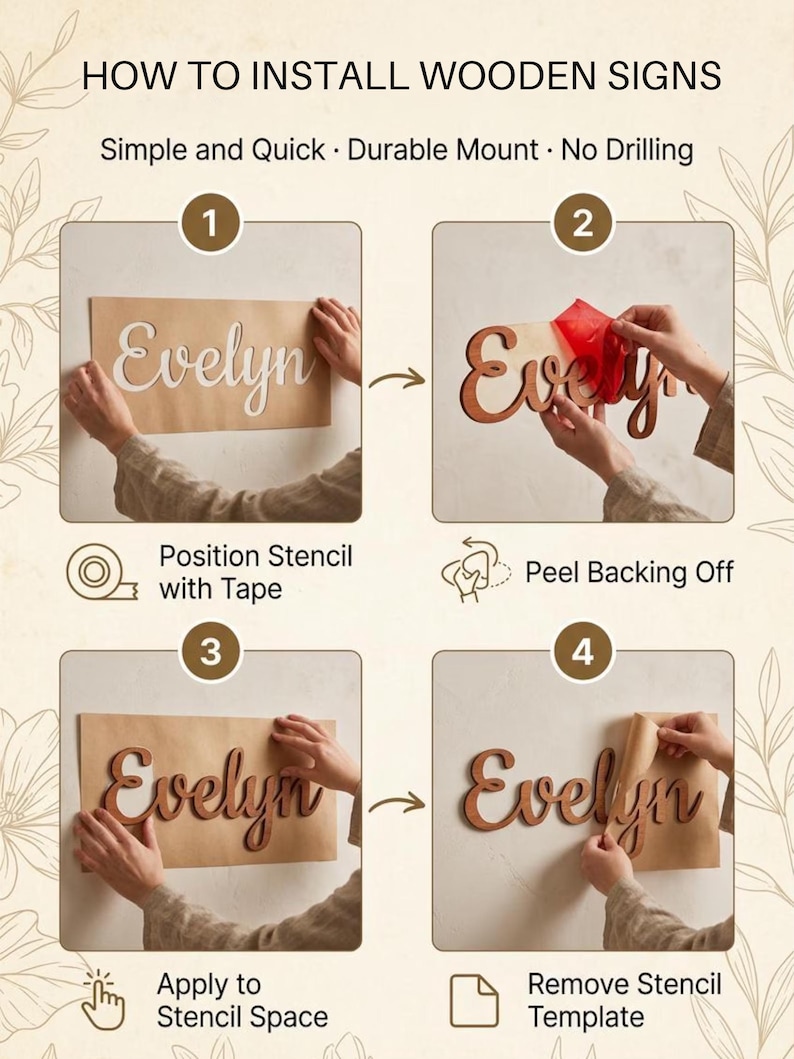 May include: An instructional graphic titled HOW TO INSTALL WOODEN SIGNS showing four steps. It demonstrates positioning a paper stencil with the name Evelyn, peeling the red adhesive backing, applying the wooden letters, and removing the paper template.