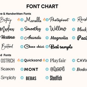 May include: A font chart displaying twenty-six numbered options categorized into Cursive & Handwritten Fonts and Printed Fonts. The list includes names like Brittany, Marelle, Photoshoot, Rocket, Madina, Smoothy, Willow, BlackJack, Hestina, Ananda, Magnolia, Pacifico, Bestand, Choco chici, Best sample, OSTRICH, Quicksand, Playfair, CAVIAR, Season, MONT, cheri, Bodoni, Simplicity, BEBAS, and Steelfish.