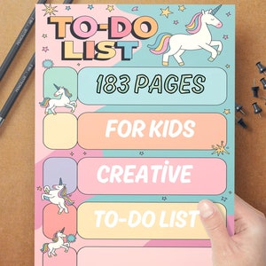 May include: A pink and blue to-do list notebook with a unicorn illustration and the text "TO-DO LIST", "183 PAGES", "FOR KIDS", "CREATIVE", and "TO-DO LIST".