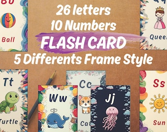 Alphabet Number Flash Cards, Preschool Learning PDF, 5 Frame Styles (180 Cards)