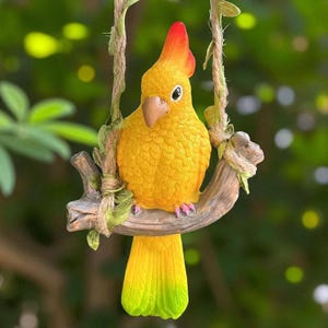 Resin Parrot Swing Figurine Ornament, Hanging Garden Decor, Outdoor Indoor Bird Statue with Hook, Colorful Home Patio Decoration