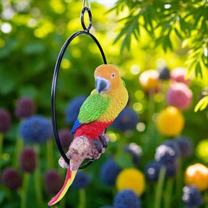 Hanging Parrot Statue Sculpture on Metal Ring, Tropical Hand-Painted Resin Parrot Decor for Patio Garden Porch Sunroom Decoration