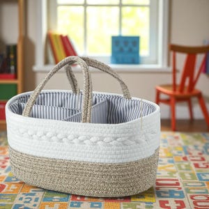 Baby Diaper Caddy Organizer, Cotton Rope Nursery Basket with Dividers, Portable Storage Bin for Baby Shower Gift & Newborn Essentials