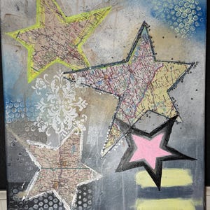 Mixed Media Glitter Star Painting: Acrylic, Map, Boho Wall Art