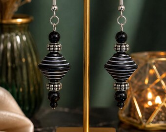 Handcrafted Beaded Dangle Earrings Black Silver Hook Asymmetrical