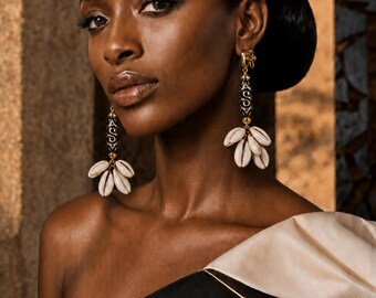 Onyx & Golden Cowrie Clip Statement Earrings