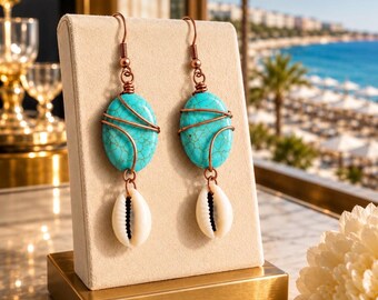 Zut Alors! Faux Turquoise & Cowrie Shell Drop Earrings | Copper Wire Wrapped