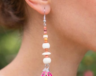 Handmade Pink Cowrie Shell Dangle Earrings: Boho Beach Statement Jewelry