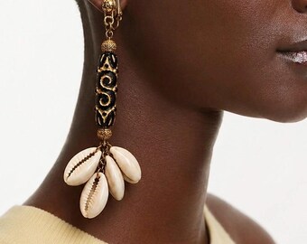 Onyx & Golden Cowrie Clip Statement Earrings