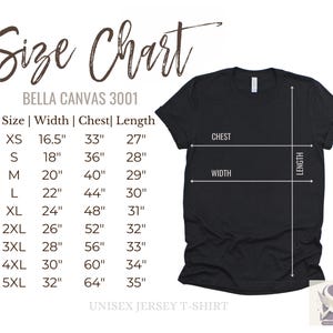 May include: Black t-shirt with a size chart for Bella Canvas 3001 unisex jersey t-shirts. The chart lists sizes XS to 5XL, with measurements in inches for width, chest, and length. The chart also shows the location of the width, chest, and length measurements on the t-shirt.