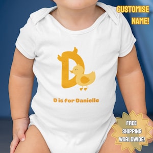 Custom Name Baby Onesie Letter D Print  | Premium Hypoallergenic Cotton | Dye-free Natural Fabric | Newborn, Birthday, Christmas Gift