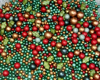 HOLLY BERRY Sprinkle Mix: Hand-dyed Edible Sugar Pearls, Christmas Baking, Holly Leaves