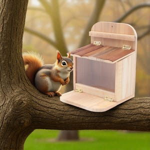 Wooden Squirrel Feeder Box for Outdoors - Hanging Wildlife Feeder for Yard Tree Garden - Bird & Squirrel Feeding Station