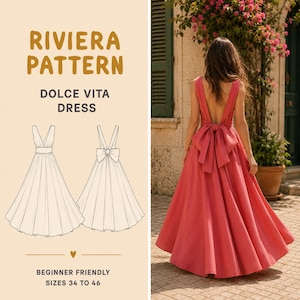 May include: A coral-colored dress with a large bow on the back. The dress has a V-neckline and a flowing skirt. The image also includes a pattern illustration with the text "RIVIERA PATTERN DOLCE VITA DRESS" and "BEGINNER FRIENDLY SIZES 34 TO 46".
