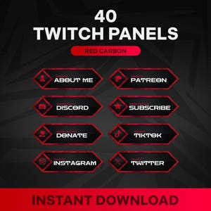 Twitch Panels – 40 Pack Red & Black Carbon Fiber Stream Overlay Set – Modern Gamer Graphics for Twitch and Kick Channel Design