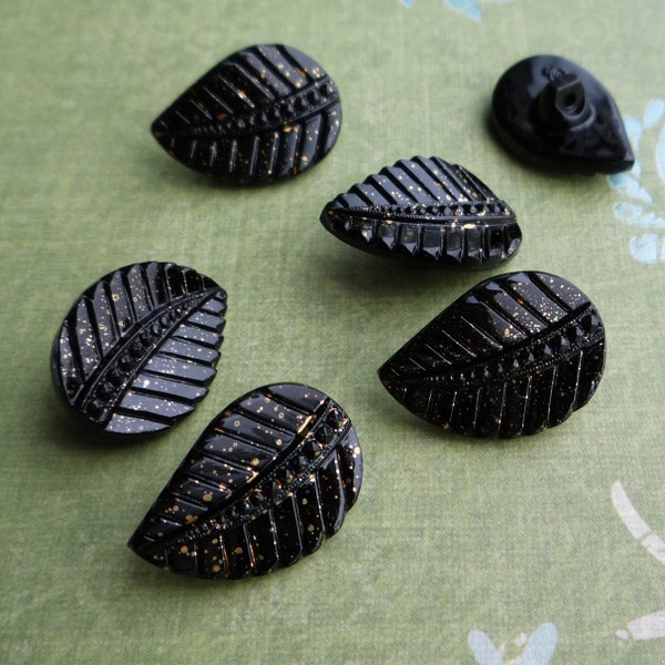 6 vintage glass leaf buttons, black with gold accents - BU0010
