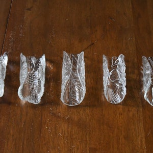 vintage art glass napkin holders and ashtrays ~ set of five ~ flora and fauna ~ flowers and leaf ~ before and after setting ~ nature themed