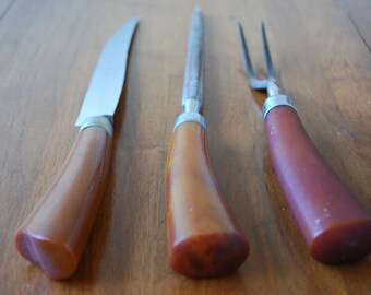 vintage three piece carving set - Toffee Bakelite - Old Forge - Rustic - Primitive - Holiday Tablescape