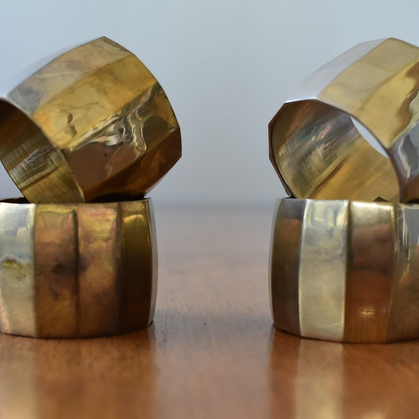 four faceted brass round napkin rings - wedding band style - 1980's - minimalist - modern