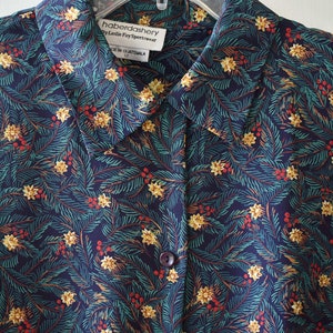 Vintage Christmas Blouse - Leslie Faye -  Pine Boughs ~ Berries ~ Flowers ~ Navy Multi - 1990&#39;s - size 12 - NOS