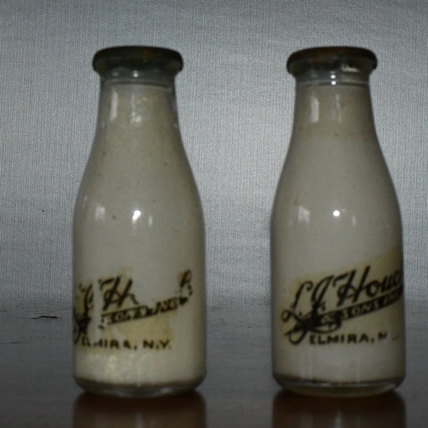 vintage pair of milk bottle salt and pepper shakers ~ 1940's dairy ~ LJ Houck & Sons ~ Elmira NY ~ Farmhouse Collectibles