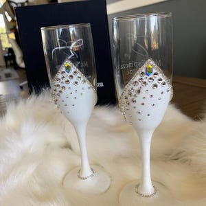 Personalized Handmade Wedding Champagne Flutes, set of 2,  Crystal Embellished , Luxury Gift Box