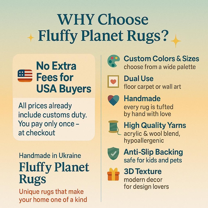 Op de afbeelding: Een advertentie voor Fluffy Planet Rugs, met tekst en iconen op een verloopachtergrond. De tekst benadrukt kenmerken zoals aangepaste kleuren, handgemaakte kwaliteit en antislip rug. Het vermeldt ook geen extra kosten voor Amerikaanse kopers.