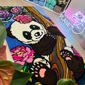 Bonita alfombra de panda para habitación de bebé: hecha a mano, con mechones de dibujos animados, decoración de animales kawaii, suave y esponjosa.