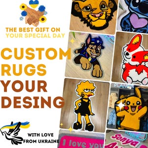 May include: A collection of custom rugs featuring various cartoon characters, including a lion, a police dog, a red fox, a yellow cartoon character, and a girl with yellow hair. The rugs are made with a soft, plush material and are perfect for adding a touch of fun to any room. The text "CUSTOM RUGS YOUR DESING" is displayed on the image.