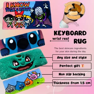 Op de afbeelding: Een verzameling rechthoekige vloerkleden met cartoonfiguren, waaronder de Powerpuff Girls en Stitch. De afbeelding bevat tekst: "I KNOW THAT'S RIGHT" en "KEYBOARD wrist rest RUG". Dikte vanaf 1,5 cm.