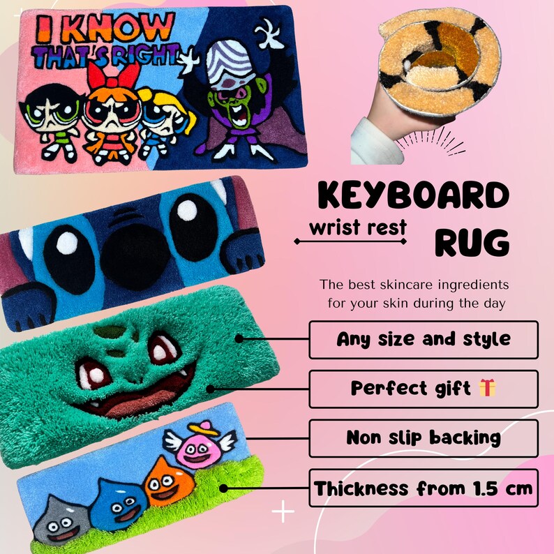 Op de afbeelding: Een verzameling rechthoekige vloerkleden met cartoonfiguren, waaronder de Powerpuff Girls en Stitch. De afbeelding bevat tekst: "I KNOW THAT'S RIGHT" en "KEYBOARD wrist rest RUG". Dikte vanaf 1,5 cm.