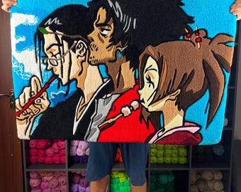 Hand Tufted Anime Rug, Samurai Design, Japanese Gamer Room Decor