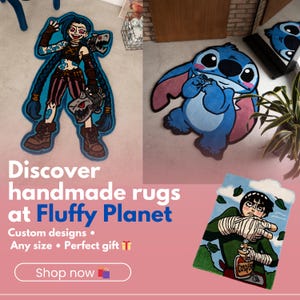 Op de afbeelding: De afbeelding toont drie handgemaakte vloerkleden met cartoonkarakterontwerpen. E&eacute;n kleed toont een personage met blauw haar en bruine laarzen, een ander een blauwe alien en de derde een personage in een groene outfit. Tekst: "Discover handmade rugs at Fluffy Planet."