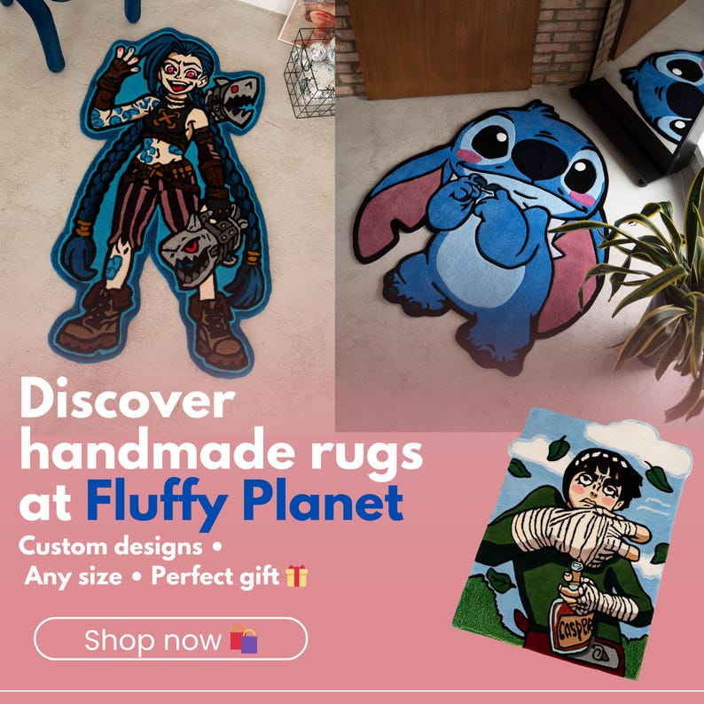 Op de afbeelding: De afbeelding toont drie handgemaakte vloerkleden met cartoonkarakterontwerpen. E&eacute;n kleed toont een personage met blauw haar en bruine laarzen, een ander een blauwe alien en de derde een personage in een groene outfit. Tekst: "Discover handmade rugs at Fluffy Planet."