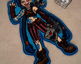 Anime Girl Rug, Handmade Tufted Character Carpet, Blue Hair Gamer Room Decor, Custom Gaming Bedroom Rug, Wall Hanging