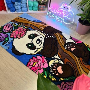 Alfombra con mechones de animales, alfombra de panda, linda alfombra de panda, decoración asiática para el hogar, decoración de estilo japonés, alfombra de panda hecha a mano, alfombra de animal kawaii, alfombra de panda de dibujos animados