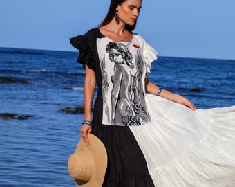 Long Linen Dress: Embroidered Maxi Sundress, Tapestry dress