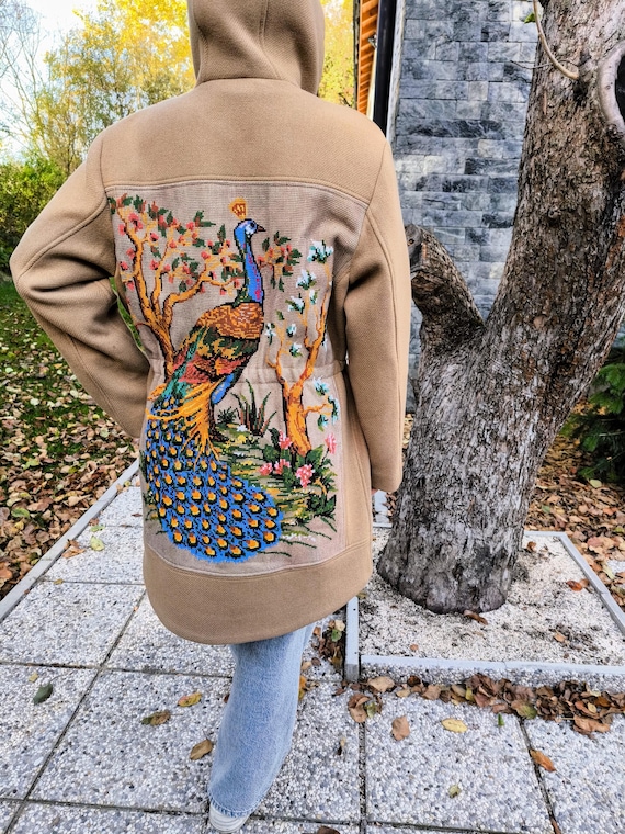 Hand-embroidered Peacock Wool Coat – Warm Winter Hooded Coat
