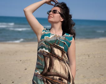 Embroidered Linen Dress: Sea Tapestry Sundress, A-line silhouette