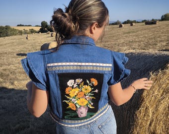 Embroidered Denim Vest: Upcycled Tapestry Jacket, Embroidery Flowers