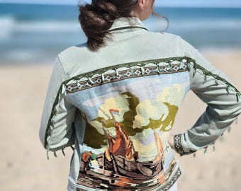 Embroidered Tapestry Denim Jacket: Patchwork Jean Jacket with Shell Accents
