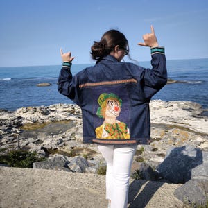 Long Denim Jacket: Upcycled Clown Tapestry Patchwork, Boho Slow Fashion