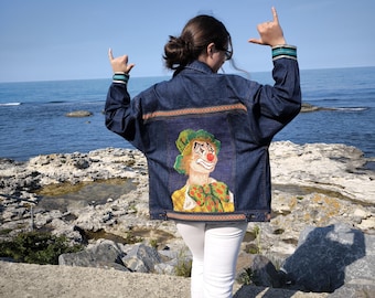 Long Denim Jacket: Upcycled Clown Tapestry Patchwork, Boho Slow Fashion