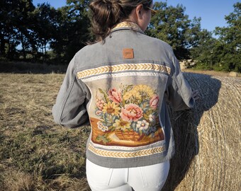 Embroidered Denim Jacket: Upcycled Tapestry Patchwork, Boho Slow Fashion