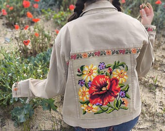 Patchwork Denim Jacket 3XL: Upcycled Tapestry Patchwork, Embroidered Denim Jacket
