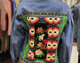 Embroidered Tapestry Denim Jacket: Upcycled Tapestry Boho Coat L